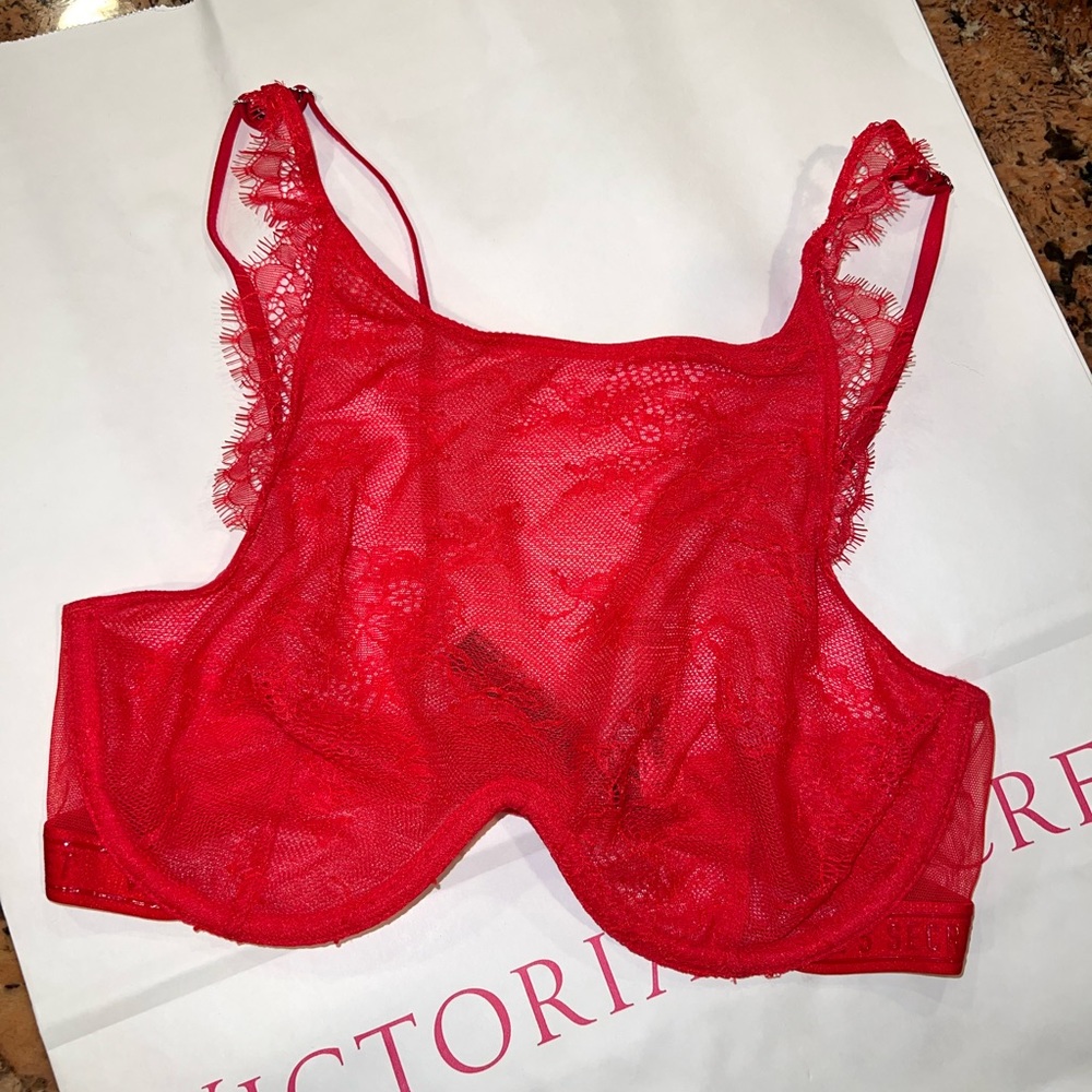 Victorias Secret 32D Sheer Lace Unlined High Neck Bra Red NWT